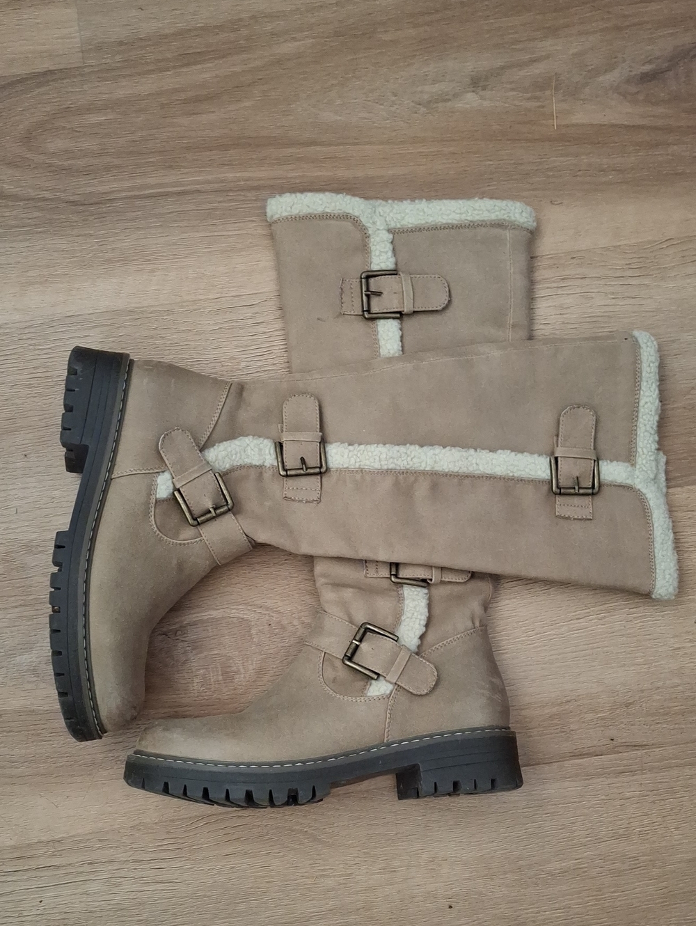 Cliffs by WHITE MOUNTAIN Taupe Mid-Calf Shearling-Trim Buckle Boots